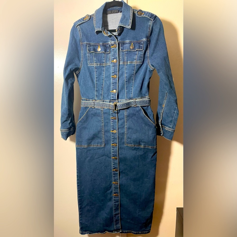 Long jean dress w/ detachable belt.
